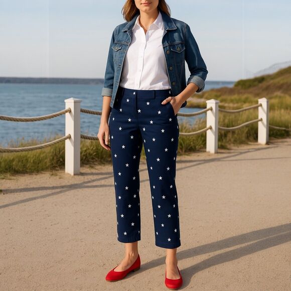 Talbots Heritage Navy Cropped Pants Women’s SZ 8 White Star Print Classic Chino - Picture 1 of 7